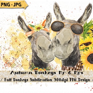 Herbst Esel, Herbst, Mr & Mrs, Tier, Sonnenblume Sublimation, PNG Clipart, Sublimation, Esel PNG, Aquarell, Esel Clipart, Bauernhof Tier