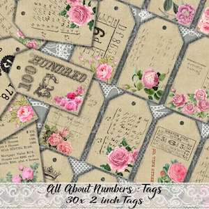 Vintage, Numbers, Grunge, Number, Tags, Labels, Shabby, Roses, Printable, Script, Junk Journal, Ephemera, Scrapbook, Text, Collage Sheet