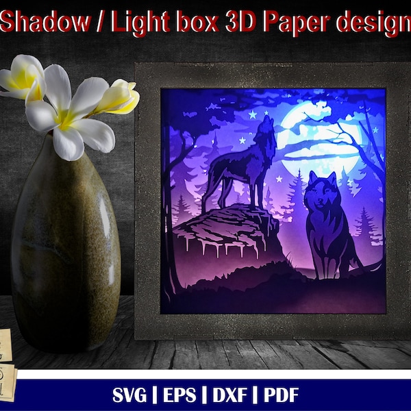 Howling wolf 3D Paper Cut Template, Light Box SVG, 3D Shadow Box SVG, 3D Light box, wolf svg, wolf cut file, full moon svg, howling wolf svg