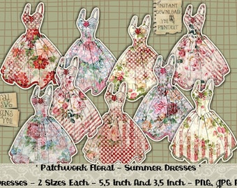 May include: Nine digital paper doll dresses with patchwork floral designs in shades of pink, red, and green. The dresses are available in two sizes: 5.5 inches and 3.5 inches. The file formats are PNG, JPG, and PDF.
