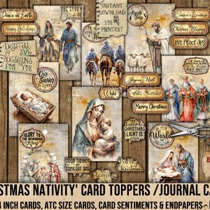 クリスマスの降誕グリーティングカード、トッパー、センチメント、ジャーナルカード、ATCカード、エフェメラ、クリスマスフレーズ、スクラップブッキング、カード