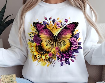 Butterfly Sunflower PNG, Purple Rose & Leopard Print Sublimation, Leopard Butterfly png, Gold Splatter png, Summer png, Butterfly png