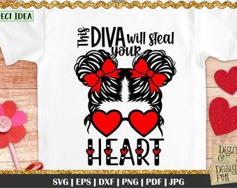 This diva will steal your heart, Space buns svg, Valentine Svg, love quotes for girls, Valentine Shirt SVG, Cute girl, Valentine sayings