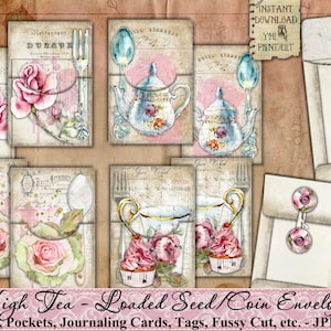 Seed Umschläge, Tasche, High Tea, Rosen, Shabby, Vintage, Verschönerung, Junk Journal, Papier, Tags, Schmetterlinge, Ephemera, printable Bild 2