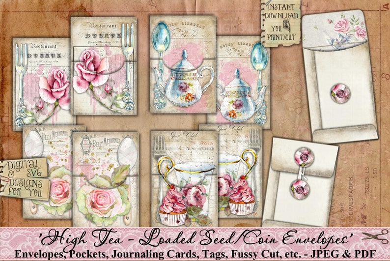 Seed Umschläge, Tasche, High Tea, Rosen, Shabby, Vintage, Verschönerung, Junk Journal, Papier, Tags, Schmetterlinge, Ephemera, printable Bild 2
