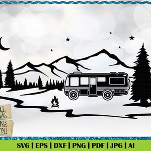 Floresta noturna estrelada RV campista svg, png, eps, dxf, montanha svg, camping rv svg, arquivo de corte ao ar livre, caravana svg, arquivo de corte de cena de acampamento