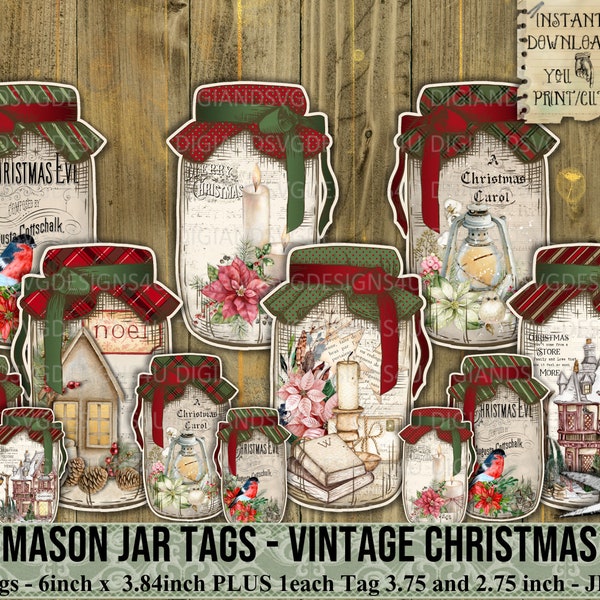 Mason Jars, Vintage, Christmas, Tags, MJ04, Junk Journal, Decoration, Pantry, Labels, Card, Jewellery, Sewing, Ephemera, Gift Card