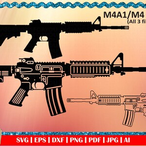 May include: Black and white silhouette of an M4A1/M4 Carbine rifle. The image includes three different views of the rifle. The text "M4A1/M4 Carbine (All 3 files included)" is at the top of the image.