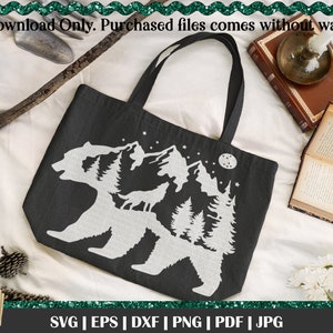 Silhouette Bear SVG, Bear Mountain, Howling Wolf svg, bear in the woods, Pine Trees, Full moon svg, Wilderness svg, full moon wolf image 4