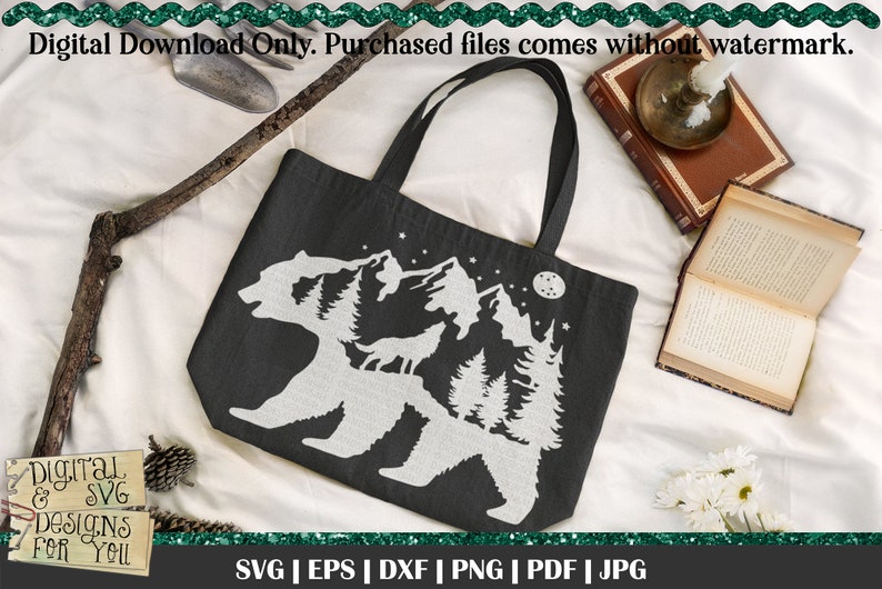 Silhouette Bear SVG, Bear Mountain, Howling Wolf svg, bear in the woods, Pine Trees, Full moon svg, Wilderness svg, full moon wolf image 4