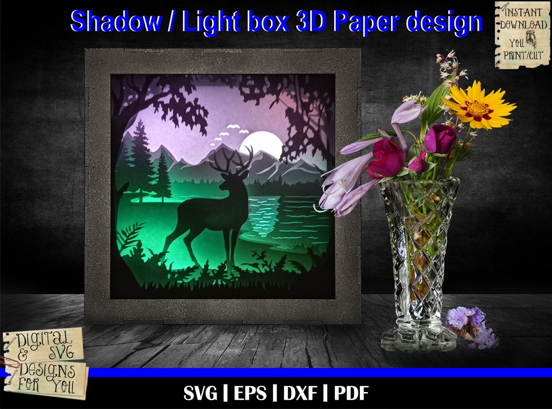 Deer Near Lake 3D Paper Cut Template, Light Box SVG, 3D Shadow Box SVG ...