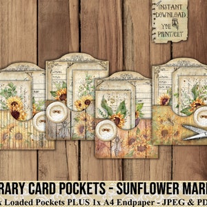 Pochettes de bibliothèque, marché aux tournesols, cartes de bibliothèque, pochette chargée, tournesols, rustique, vintage, étiquettes, embellissement, journal, papier, imprimable