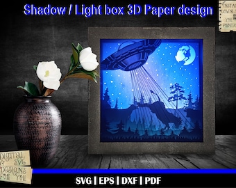 UFO Cow Abduction 3D Light Box, 3D Shadow Box, 3D Paper Cut Template, Space 6, Spaceship svg,  Alien ship svg, Rocket svg, Aliens svg,