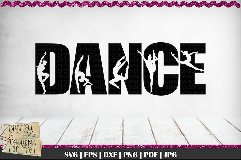 May include: Black and white silhouette design of the word "DANCE" with five dancers in various poses inside the letters. The design is on a white background.