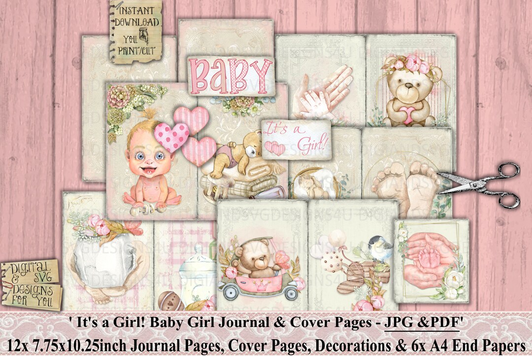 It’s a Girl, Baby Girl, Junk Journal, Pages, Vintage, Shabby Chic, Baby, Teddy Bears, Birds ...