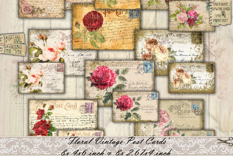 May include: A set of 16 vintage floral post cards with a lace trim border. The cards feature various floral designs with roses, handwritten text, and the words "Post Card". The cards are available in two sizes: 4x6 inches and 2.67x4 inches.