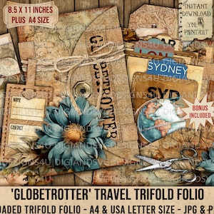 Globetrotter Travel Folio, driebladige, geladen map, ephemera, woorden, kaartjes, kaarten, zakken, kieskeurig knippen, dagboek, ambachtelijke kit, cadeau, afdrukbaar
