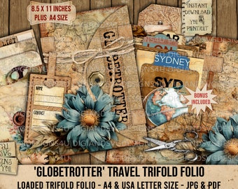 Globetrotter Travel Folio, Trifold, Loaded Folder, Ephemera, Words, Tickets, Cards, Pockets, Fussy Cut, Journal, Craft Kit, Gift, Printable