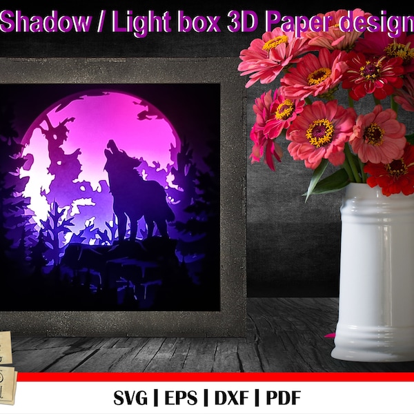 Lone wolf 3D Paper Cut Template, Light Box SVG, 3D Shadow Box SVG, 3D Light box, wolf svg, wolf cut file, full moon wolf svg, howling wolf