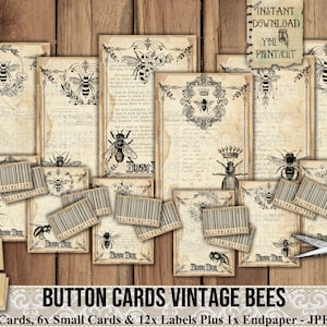 May include: A set of printable vintage bee-themed cards and labels. The cards feature a distressed, antique look with black and white illustrations of bees and floral designs. The set includes 6 large cards, 6 small cards, 12 labels, and 1 endpaper. The text "Busy" is visible on one of the cards.