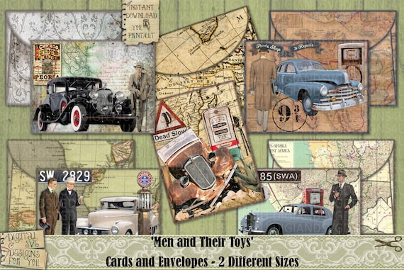 Vintage Cars, Masculine, Men, Cards, Envelopes, Journaling Cards, Vintage, Printable, Junk Journal, Old Maps, Ephemera, Collage, Scrapbook