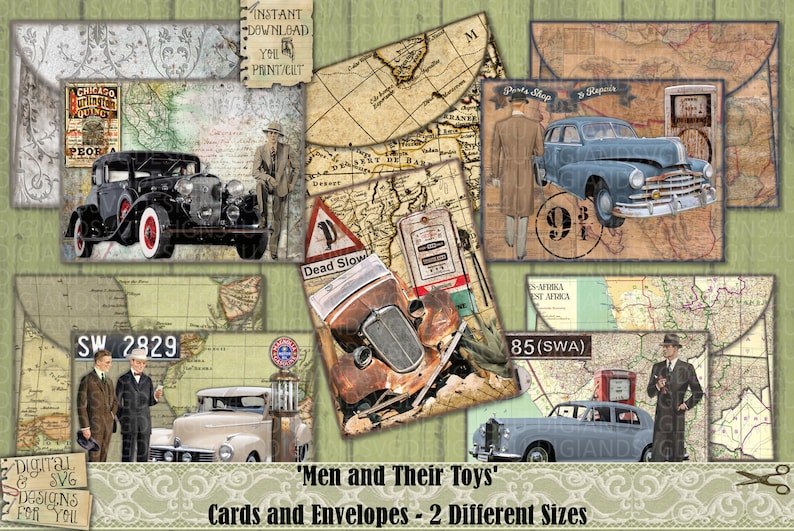 May include: A set of printable cards and envelopes featuring vintage illustrations of men and cars. The cards and envelopes have a map-like background with text that reads "Men and Their Toys" and "Cards and Envelopes - 2 Different Sizes".