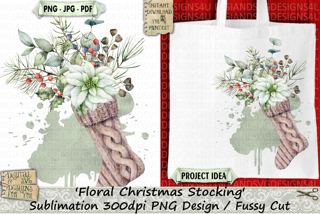 Floral Christmas Stocking Sublimation PNG Christmas - Etsy