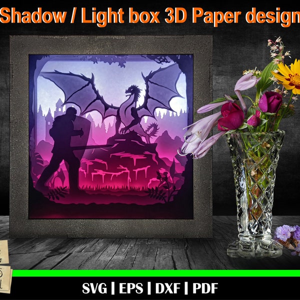 Dragon slayer - 3D Paper Cut Template, Light Box SVG, 3D Shadow Box SVG, 3D Light box template, Knight and dragon svg, glowforge laser svg