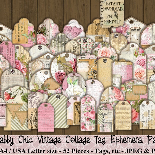 Shabby Chic, Collage, Tags, vintage, Ephemera Pack, Roses, Imprimable, Kit numérique, Journal indésirable, Papier, Scrapbook, Lettre de poche, Planificateur