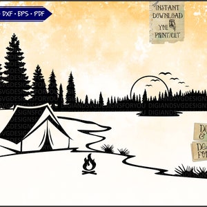 Forest Camper svg png eps dxf, camping svg, Lake camping clipart, trees svg, Outdoors cutfile, wallart svg, Tent svg, Camp scene cut file