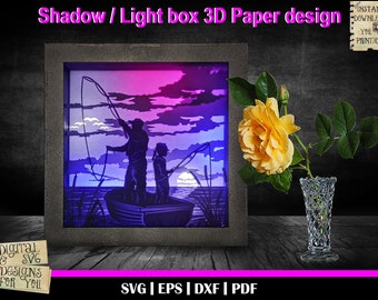 Fishing from boat Dad and daughter 3D Light Box, camping svg, Lake shadow box, Fathers day svg, Camp svg, 3D Shadow Box, 3d svg, camping svg