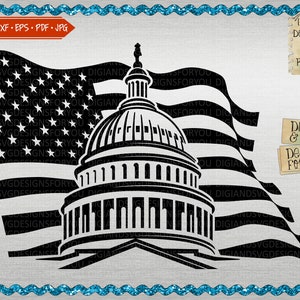 Arquivo de corte Svg da bandeira e do Capitólio, design da bandeira, 4 de julho, contorno da bandeira, edifício do Capitólio, bandeira americana, Washington DC svg, bandeira patriótica