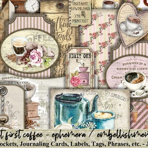 Pero Primer Café, Shabby, Vintage, Efímera, Diario, Sobre, Tarjeta, Etiqueta, Boleto, Admitir Uno, Tucks, Carpeta de Archivos, Frases, Rosas, Imprimible