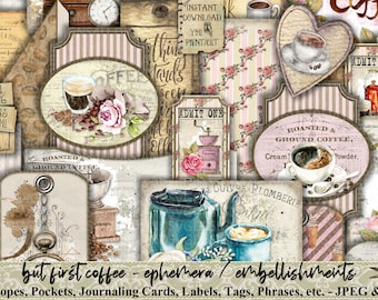 Può includere: Un foglio di collage digitale a tema caffè. Il foglio presenta immagini di chicchi di caffè, tazze di caffè, macinacaffè e altri oggetti legati al caffè. Il foglio è decorato con strisce rosa e marroni, motivi floreali e il testo "but first coffee - ephemera / embellishments".