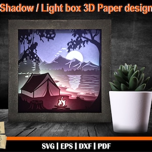 Forest Camper 3D Light Box, mountain svg, Lake camping clipart, Tent svg, Camp scene cut file, 3D Shadow Box svg, lake svg, camping svg,
