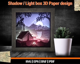 Forest Camper 3D Light Box, mountain svg, Lake camping clipart, Tent svg, Camp scene cut file, 3D Shadow Box svg, lake svg, camping svg,