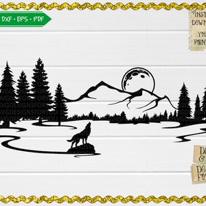 Wolf svg, Volle maan svg, Forest Scene svg dxf png eps, berg svg, huilende wolf svg, wolf en volle maan, wolf dxf, Wildlife scene cut file