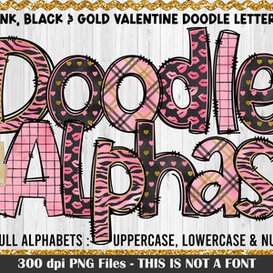 Pink Black and Gold Alphabet Letters PNG Bundle, Valentines Alphabet, Doodle letters PNG, Sublimation Alphabet Set Design, Hand drawn Doodle