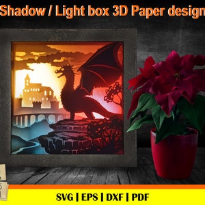 Dragon&#39;s Fortress - Plantilla de corte de papel 3D, Caja de luz SVG, Caja de sombras 3D SVG, Plantilla de caja de luz 3D, Archivos de descarga digital, láser glowforge