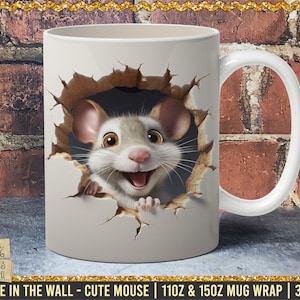 3D Mouse - Hole In A Wall Mug Wrap, 11oz And 15oz Mug Template, Mug Sublimation Design, Mug Wrap Template, Instant Digital Download PNG