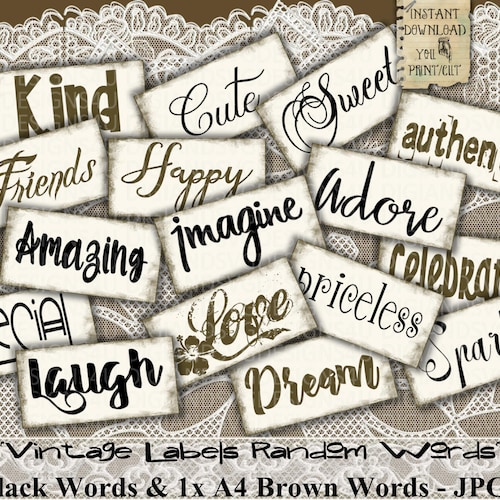 Vintage Labels Random Words Inspirational Words Printable - Etsy