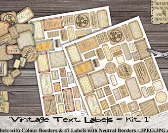 Vintage Text Labels, Grunge, Printable, Junk Journal, Words, Phrases, Quotes, Letters, Cards, Embellishment, Ephemera, Scrapbook