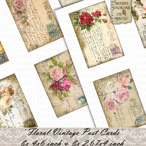 May include: Eight printable vintage floral post cards.  Four cards are 4x6 inches and four cards are 2.67x4 inches.  The cards feature a variety of floral designs with roses, and a vintage style background.