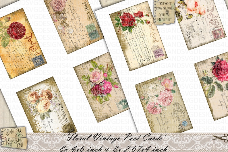 May include: Eight printable vintage floral post cards.  Four cards are 4x6 inches and four cards are 2.67x4 inches.  The cards feature a variety of floral designs with roses, and a vintage style background.