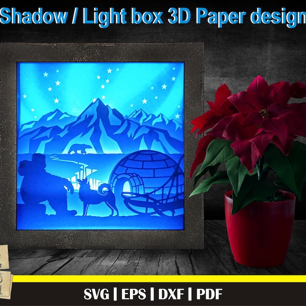 Eskimo 3D Paper Cut Template, Light Box SVG, 3D Shadow Box SVG, 3D Light box template, Igloo svg, North Pole svg, Snow 3d, polar bear svg