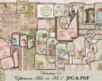 Shabby Chic, Victorian, Add-on 02, Junk Journal, Kit, Roses, Lace, Pink, Green, Floral, Printable, Ephemera, Collage Sheet, Vintage