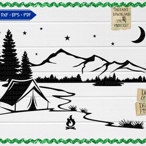 Forest Camper svg png eps dxf, mountain svg, Lake camping clipart, trees svg, Outdoors cutfile, wallart svg, Tent svg, Camp scene cut file