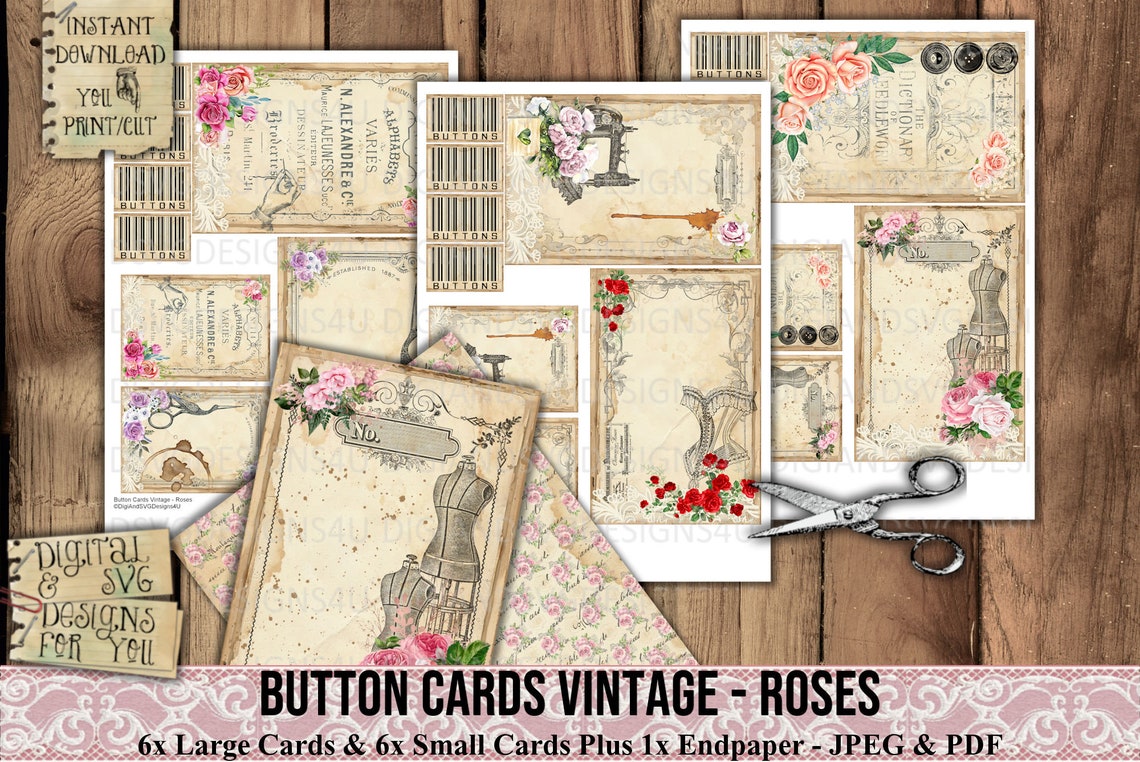 Button Cards Vintage Roses Shabby Labels Tags Lace - Etsy