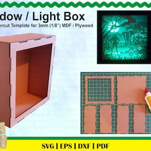 Könnte beinhalten: Eine braune Schattenbox mit einer grünen Lichtbox im Inneren. Die Lichtbox zeigt eine Silhouette einer Person, die in einem Wald steht. Das Bild ist mit "Shadow / Light Box" und "CNC / Lasercut Template for 3mm (1/8") MDF / Plywood" beschriftet.
