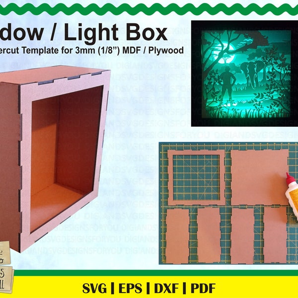 Shadow box frame svg, cnc ou laser cut template for 3mm (1/8 ») mdf ou contreplaqué. Modèle de boîte de lumière 3D, svg glowforge de boîte d’ombre, boîte d’ombre